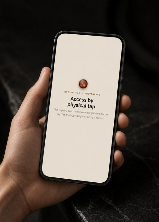 Phone in hand showing the Maison 424 provenance registry — access by physical tap