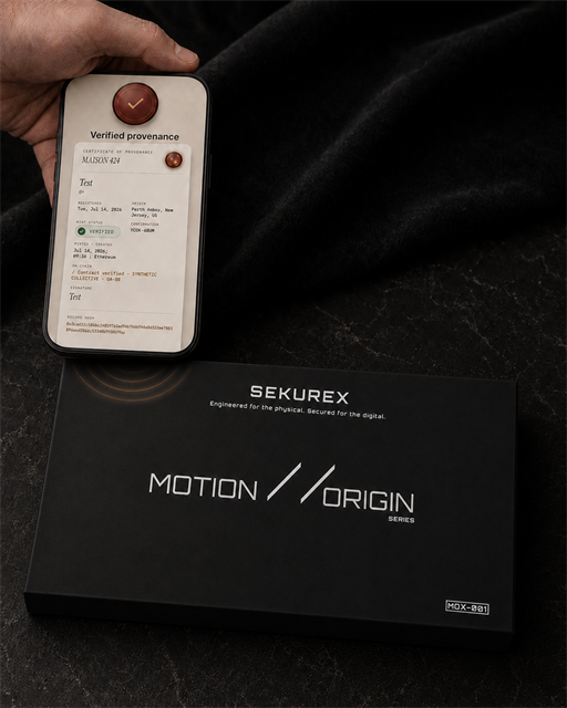 Verified Maison 424 provenance on phone above the Motion // Origin box