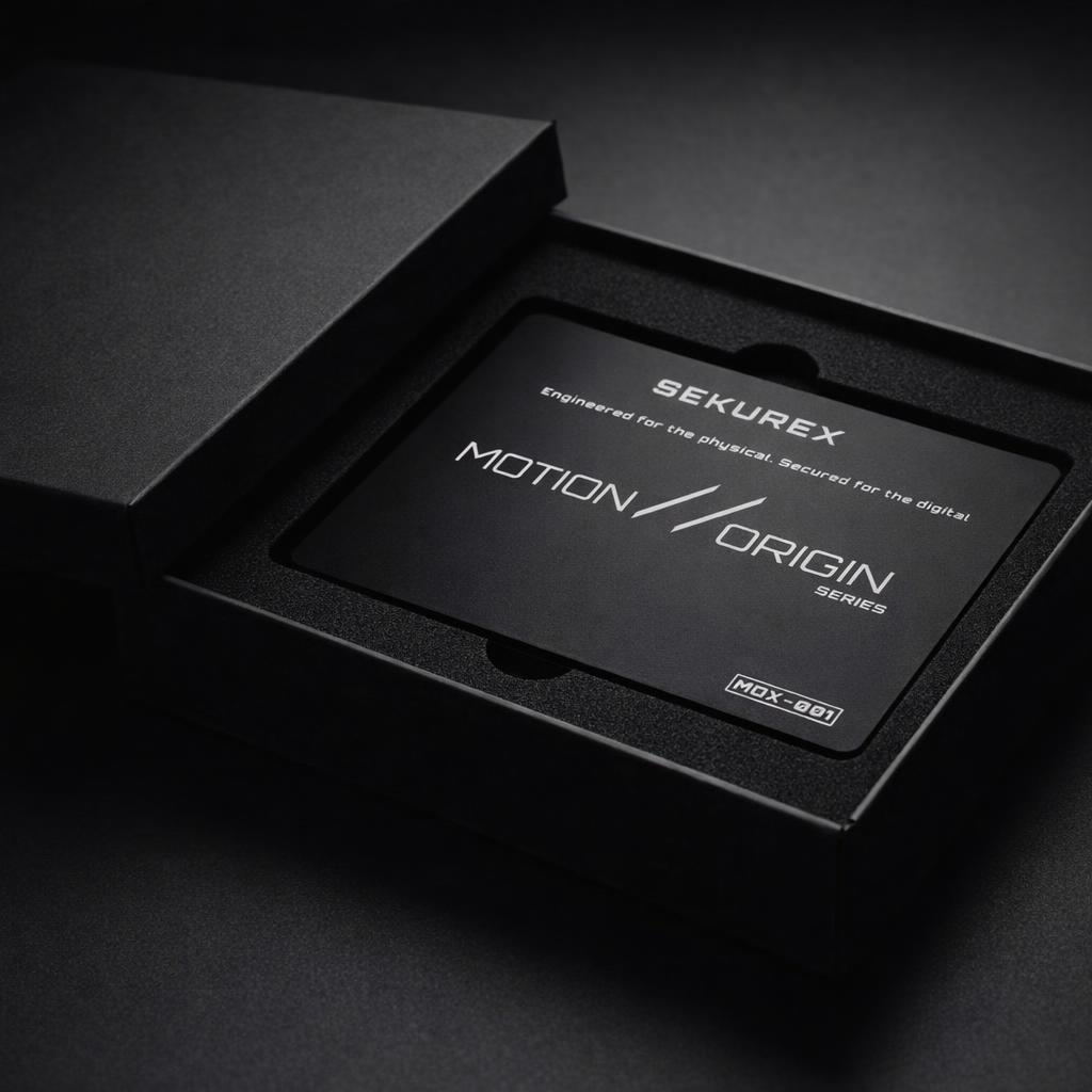 MOTION // ORIGIN presentation box open, revealing a markless encrypted key seated in black foam