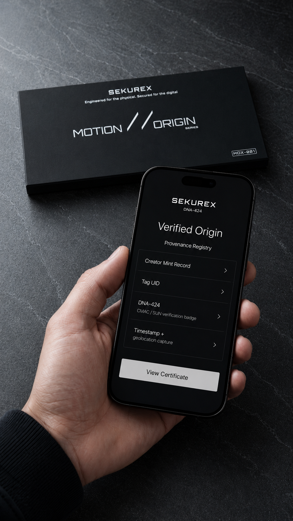 Verified Origin provenance registry on phone